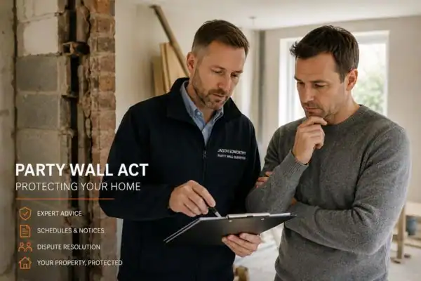Party wall surveyor Cheltenham discussing extension plans with homeowner outside a UK semi-detached house.